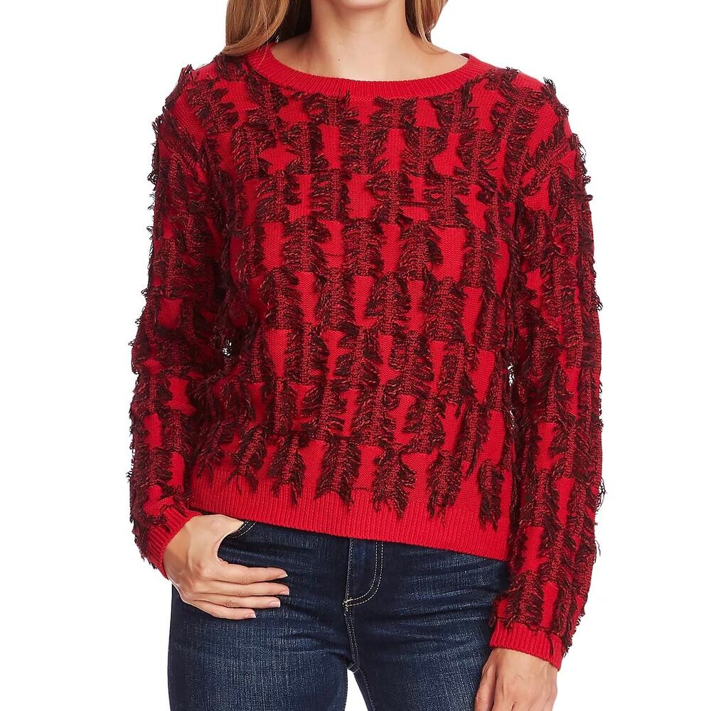 Vince Camuto Chunky Soft Red Black Frayed Grandma Preppy Cotton Eyelash Sweater